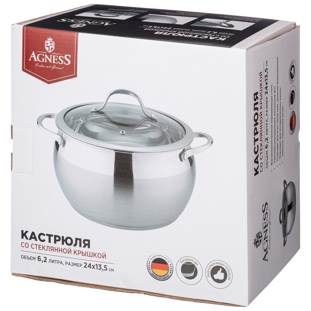 кастрюля agness со стекл. крышкой серия apple 6,2 л. 24x13.5 см 937-355