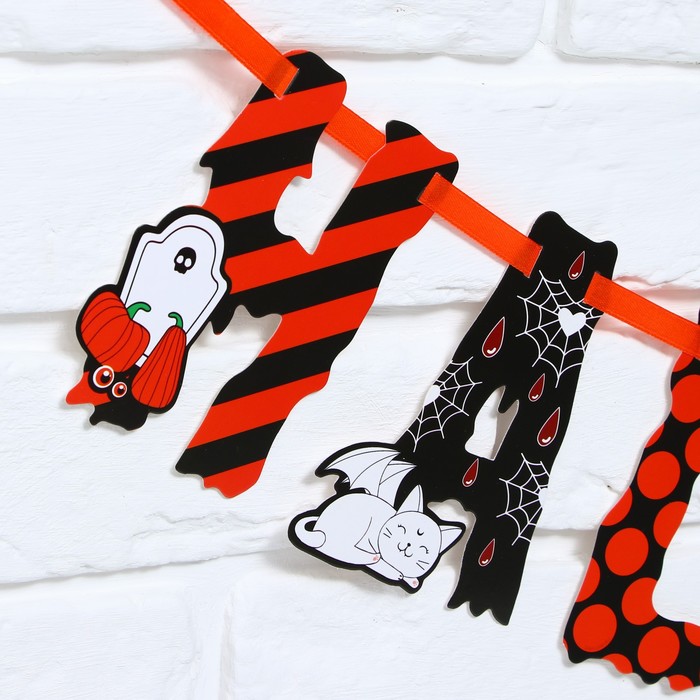 Гирлянда на ленте на Хэллоуин «Happy Halloween», кошка-вампир, длина 250 см. 7384562