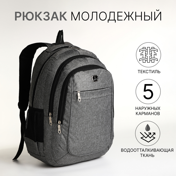 Рюкзак школьный на молнии, 5 карманов, цвет серый 10185879