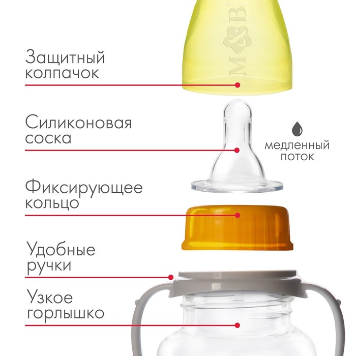 Бутылочка для кормления «Енотик», классическое горло, 250 мл., от 0 мес., приталенная, с ручками 7987840