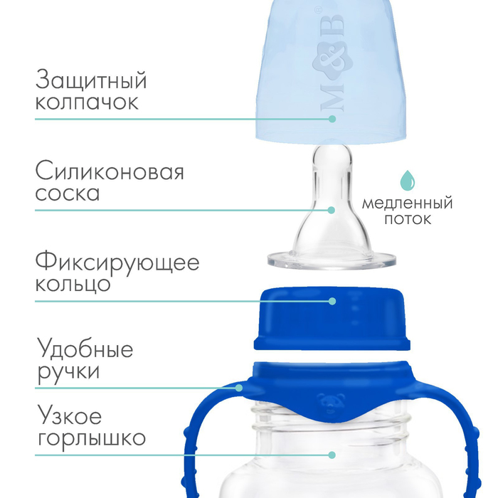 Бутылочка для кормления, классическое горло, с ручками, 150 мл., от 0 мес., цвет синий 2969782