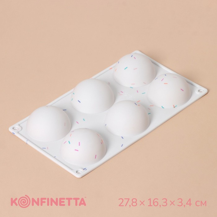 Форма для выпечки KONFINETTA «Фигуры. Полусфера», силикон, 27,8x16,3x3,4 см, 6 ячеек (диаметр 6,7 см), цвет белый 9687226