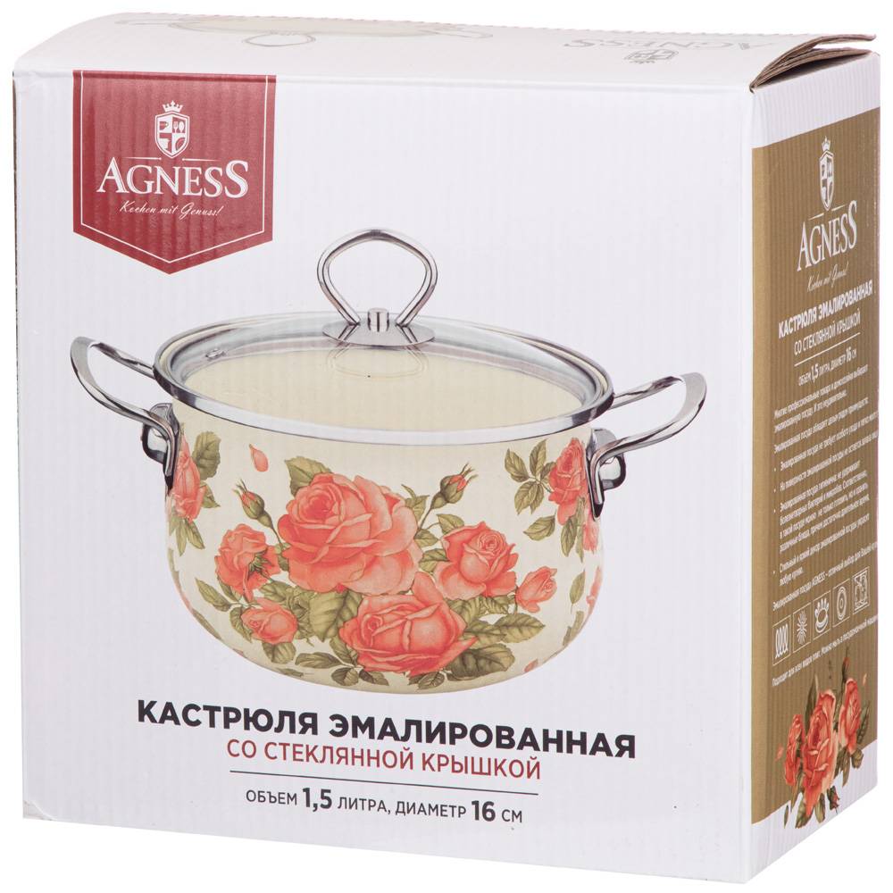 кастрюля agness эмалированная со стекл. крышкой, серия корейская роза1.5 л, 16х10 см 915-135