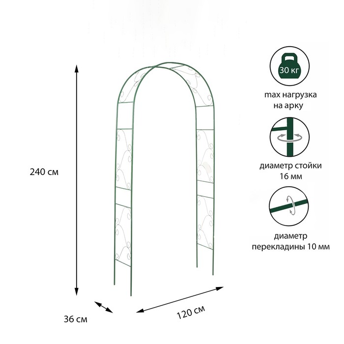 Арка садовая, разборная, 240 ? 120 ? 36 см, металл, зелёная, «Вьюнок» 4191890