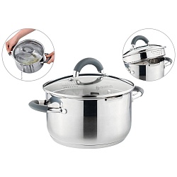 Кастрюли из нержавеющей стали, кастрюля agness profi home со стеклянной крышкой, 3,0л 20x11.5 см цвет ручек:серый 914-217