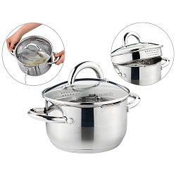 Кастрюли из нержавеющей стали, кастрюля profi home со стеклянной крышкой, 1,5л 16x9.5 см 914-200